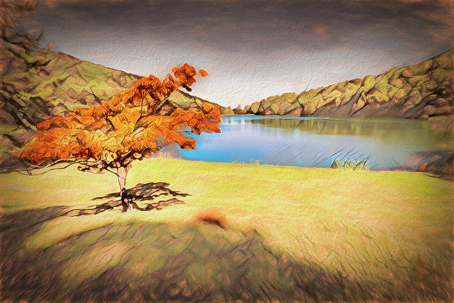 Fall Painting - Tree by the Lake ap by Dan Carmichael