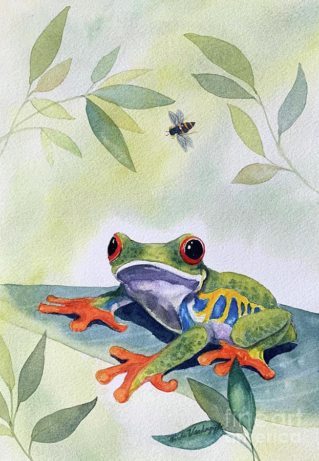 Tree Frog and Bee Painting by Hilda Vandergriff