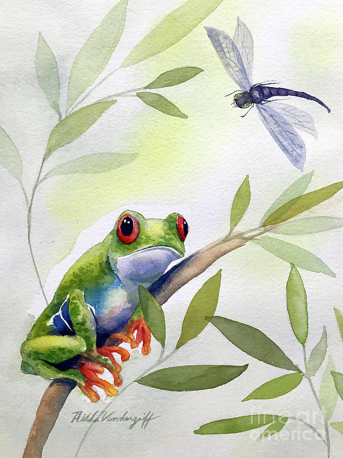 Tree Frog and Dragonfly Painting by Hilda Vandergriff
