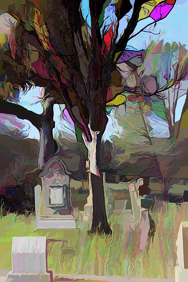 Tree In Cemetery Abstract  Digital Art by Cathy Anderson