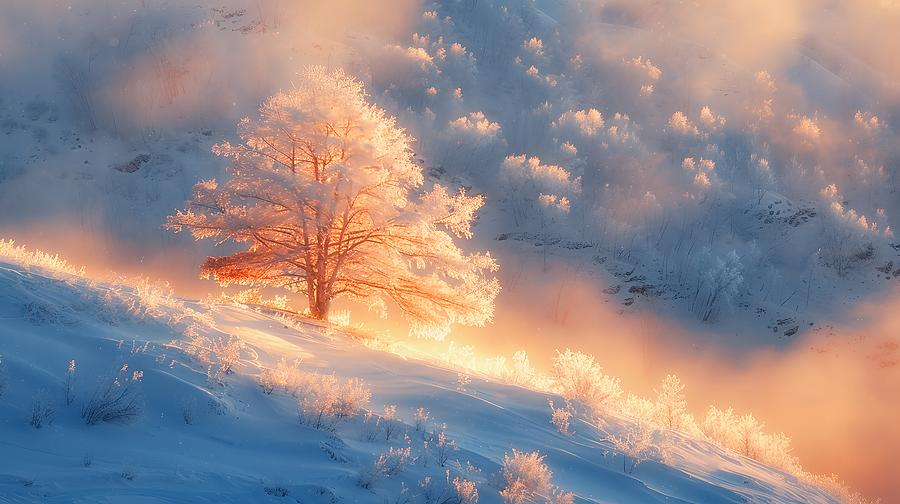 Tree in the snow and golden light Photograph by Lilia S