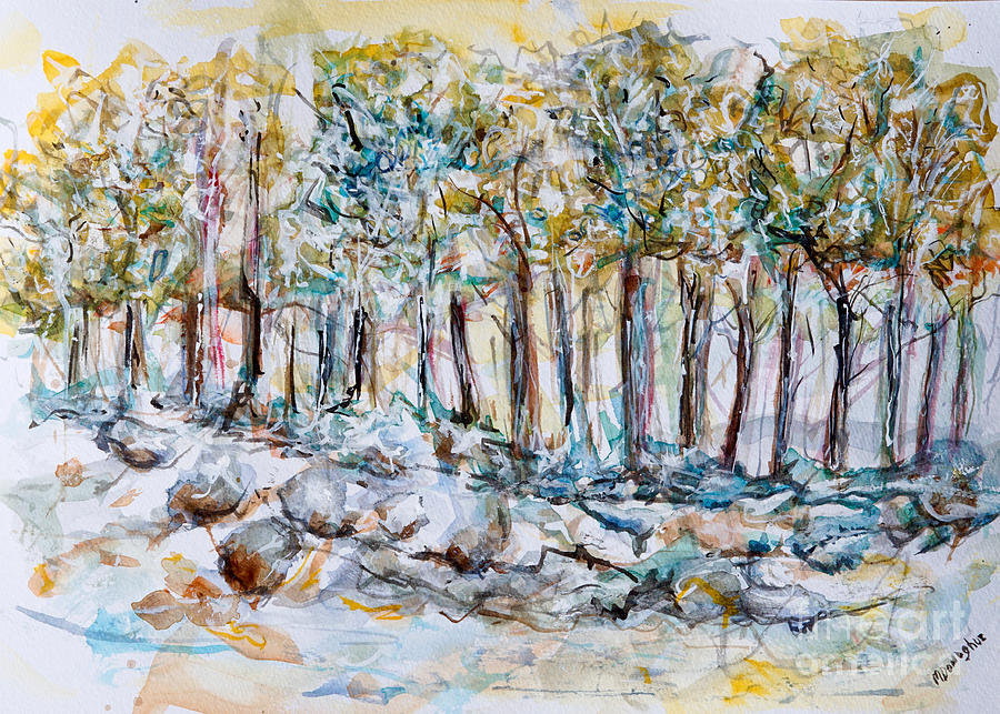 Tree line in blue - watercolor painting Painting by Patty Donoghue