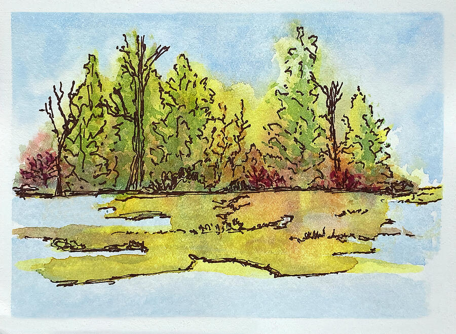 Tree Lined Shore Landscape Painting by Deborah League