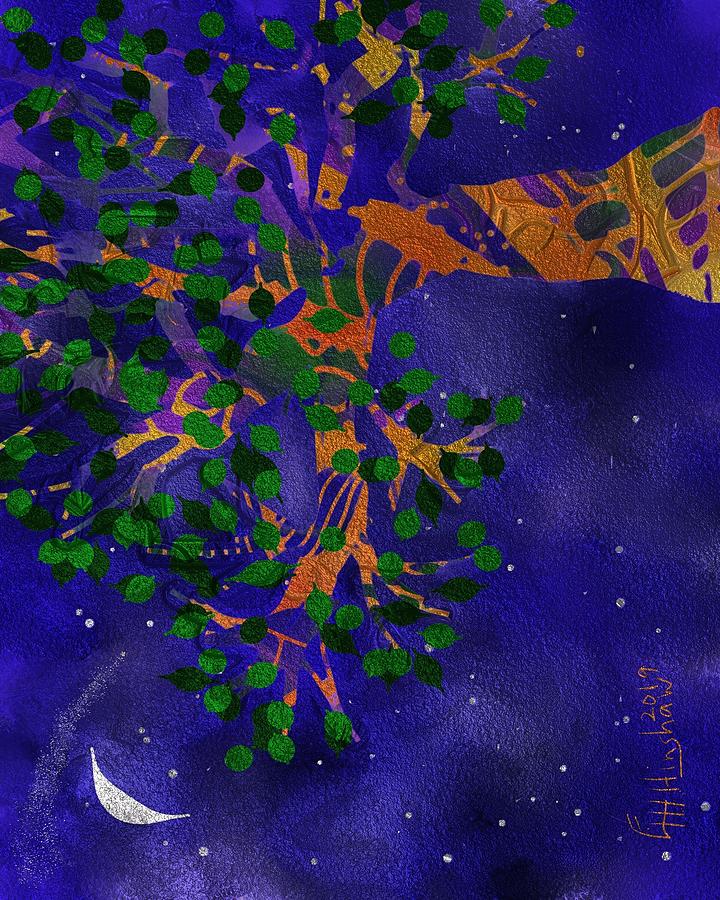 Tree, Moon, Shooting Star Painting by Lisa Hinshaw