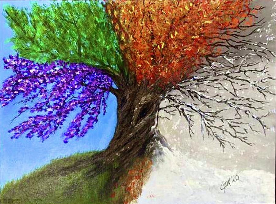 Four Seasons Trees Acrylic Round Canvas Paintings 