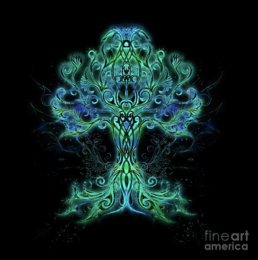 Tree Of Life Symbol On Structured Ornamental Background, Flower Of Life  Pattern, Yggdrasil. by Jozef Klopacka