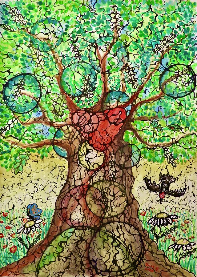 Woodpecker Mixed Media - Tree of Love and Life Neurographics by Rasa Puzinaite