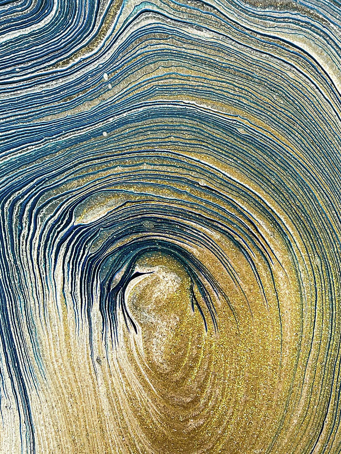 Tree Ring Pour Painting Gold and Blue Abstract Painting by Matthias Hauser
