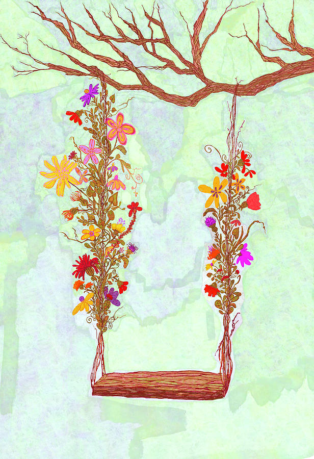 Tree Swing Floral Decor in Shades of Green Digital Art by Patricia Awapara