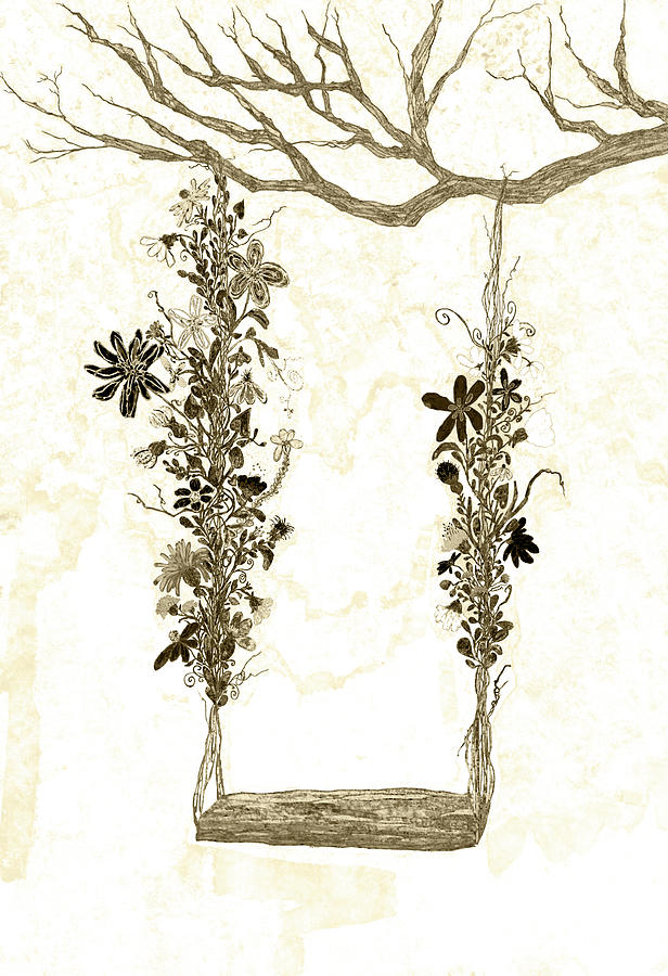 Tree Swing Floral Decor in Shades of Sepia Digital Art by Patricia Awapara