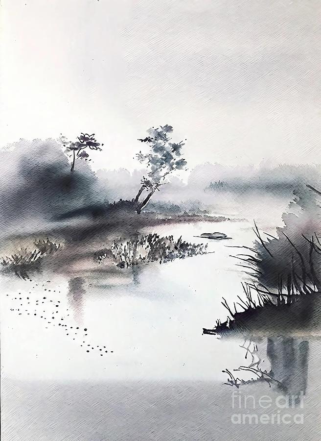 Tree Painting - Tree tree trees watercolor watercolour landscape monochrome turquoise gray fog river sketch reflection abstract art artistic asian background bamboo black calligraphy china chinese cloud culture by N Akkash