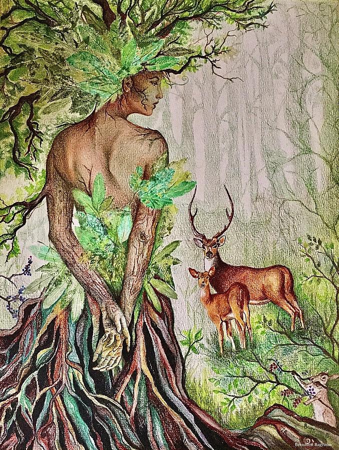 Tree with deers Drawing by Bernadett Bagyinka