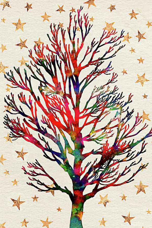 Tree with Gold Stars Digital Art by Peggy Collins