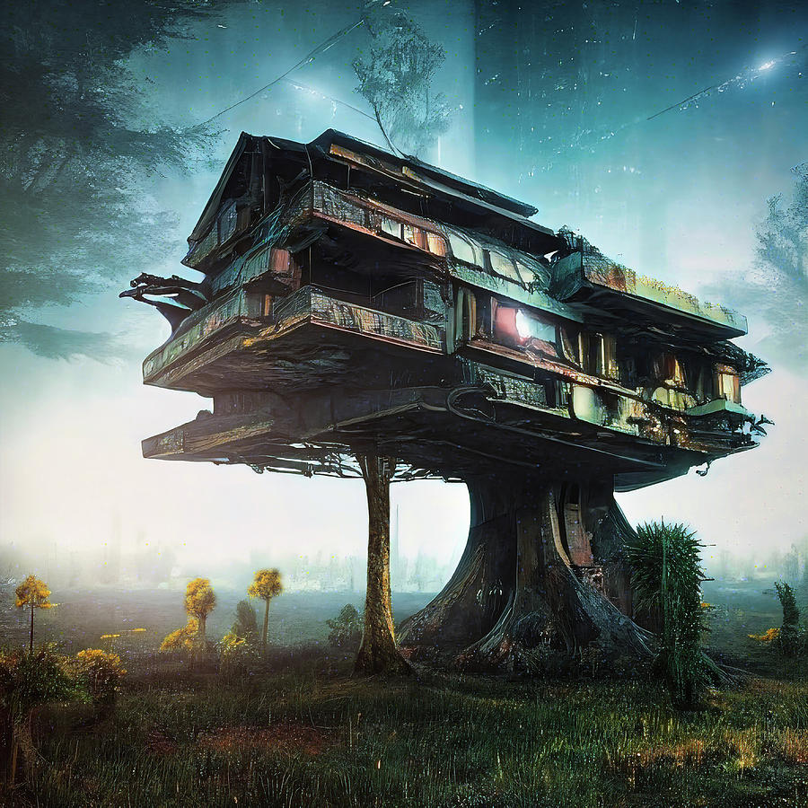 Treehouse in the early morning mist Digital Art by Micah Offman