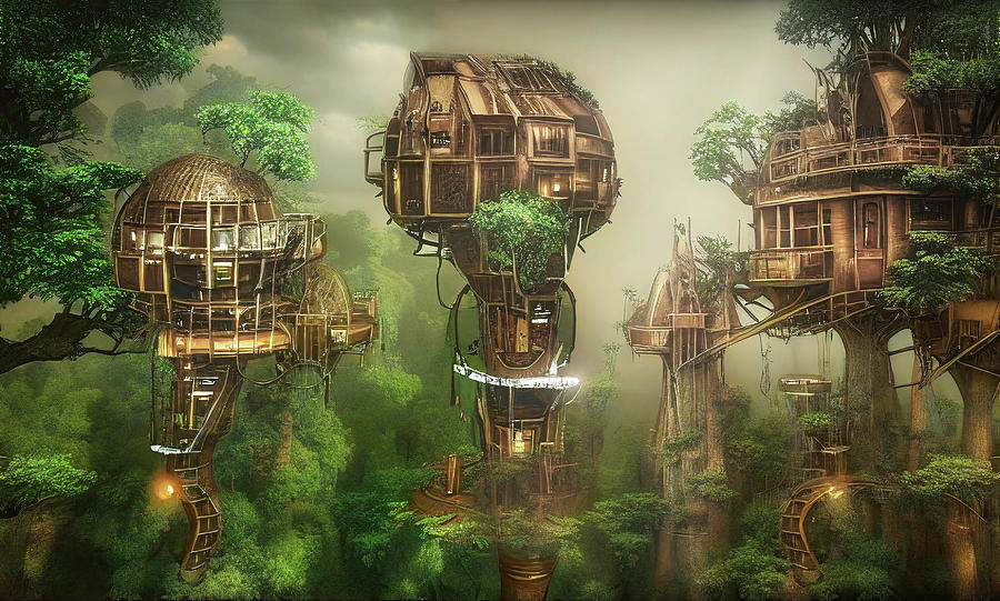 Treehouses in the misty rain Digital Art by Micah Offman