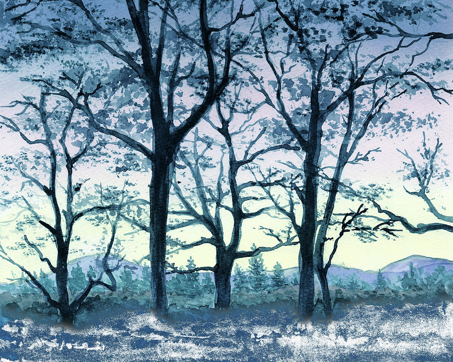 Trees And First Snow Beautiful Winter Forest Watercolor Landscape  Painting by Irina Sztukowski