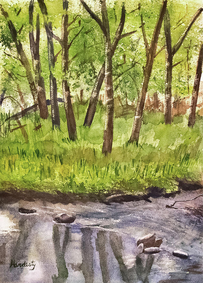 Trees and stream in spring Painting by David Hardesty