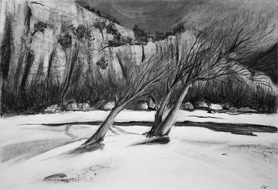 Trees in a frozen winter river Drawing by Wenyi Pan | Fine Art America