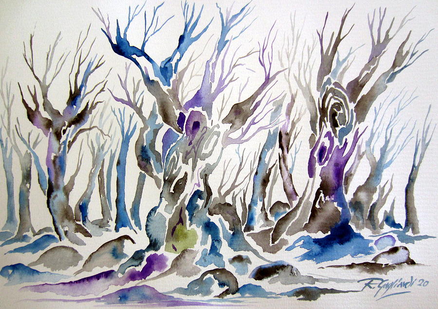 Trees in B and W and violet and blue nuances Painting by Roberto Gagliardi