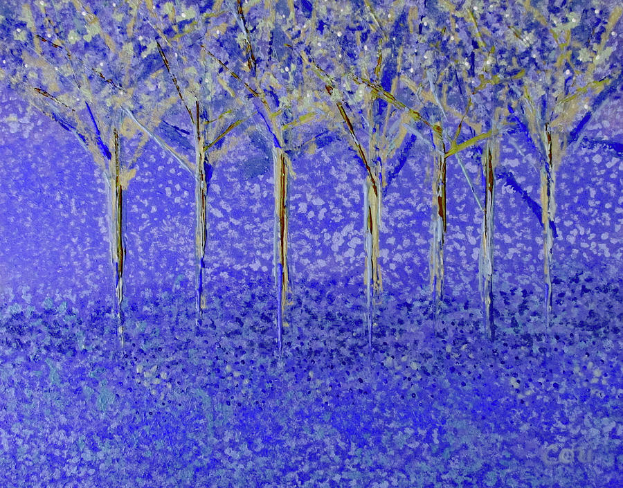 Trees in Quiet Blue and Gold Painting by Corinne Carroll