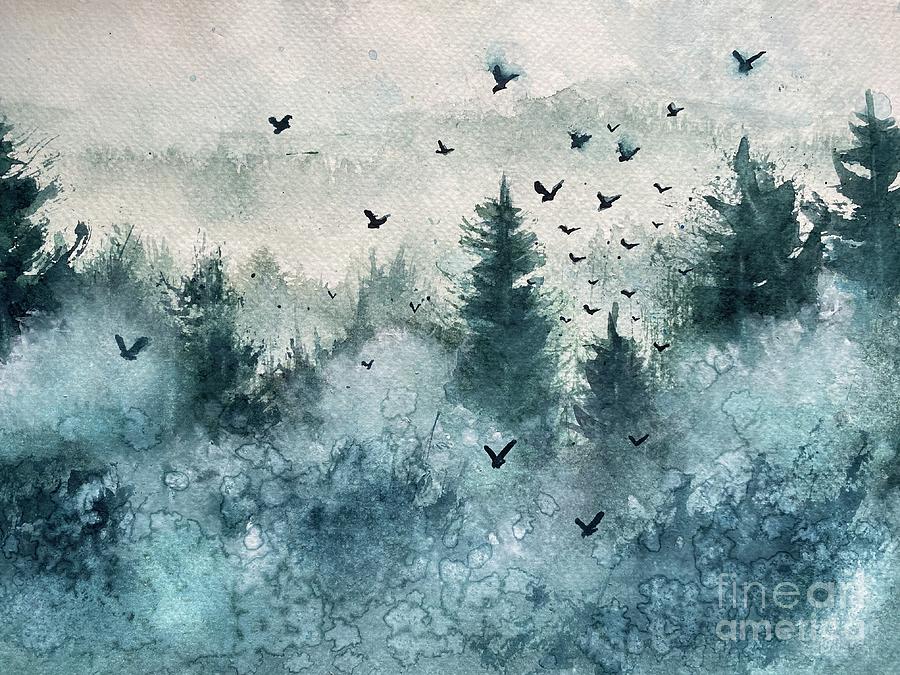 Trees in the mist Painting by Sharron Knight