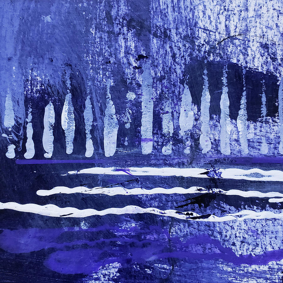 TREES ON THE RIVERBANK Blue White Abstract Painting Painting by Lynnie Lang