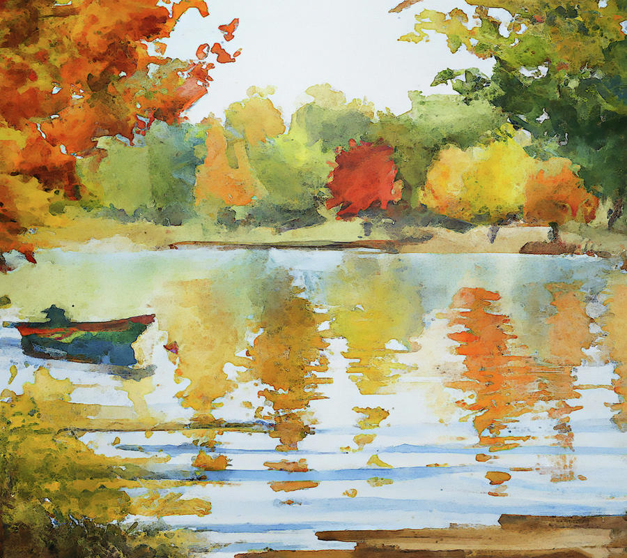 Trees with Fall Colors at the Lake with a Rowboat Digital Art by Alison Frank