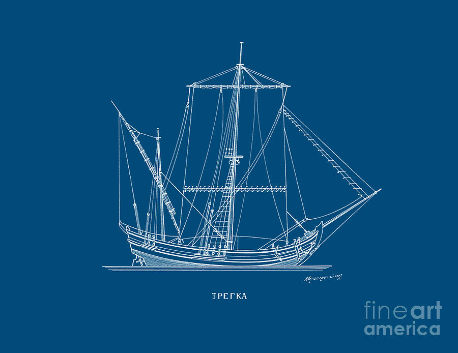 Trega - traditional Greek sailing ship - blueprint Drawing by Panagiotis Mastrantonis