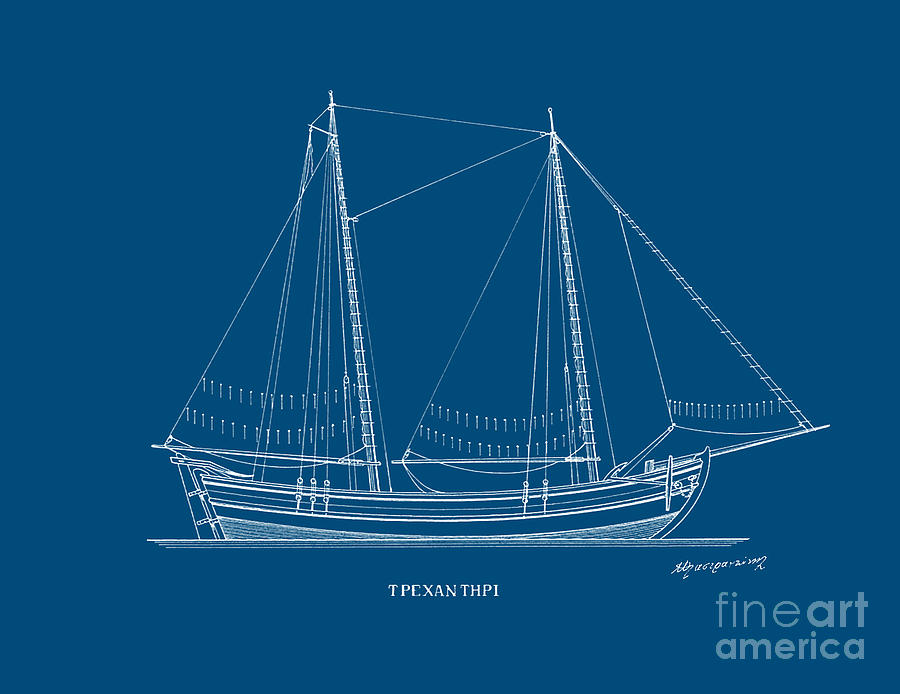 Trehantiri - traditional Greek sailing boat - Blueprint Drawing by Panagiotis Mastrantonis