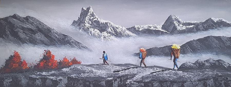 Mountain Painting - Trekker and porters under Fishtail Mountain. By Dhaka Bhattarai by Juliette Cunliffe