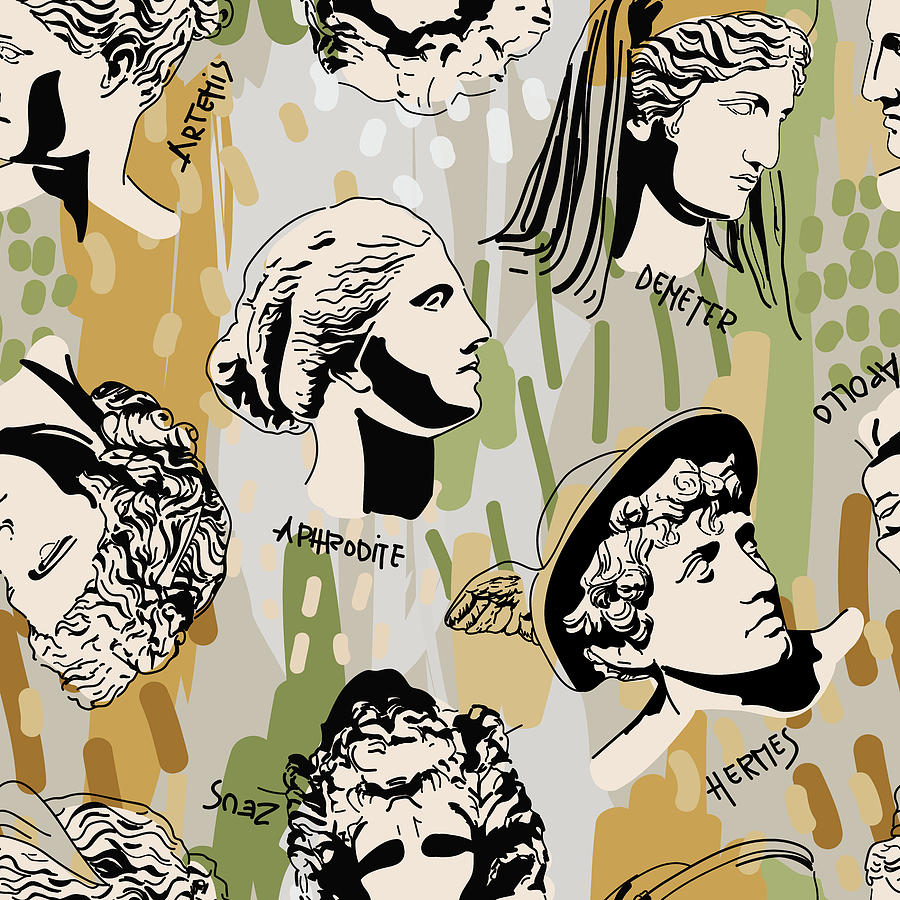 Trending Greek Gods Art Portrait Seamless Pattern. Colorful Drawing of ...