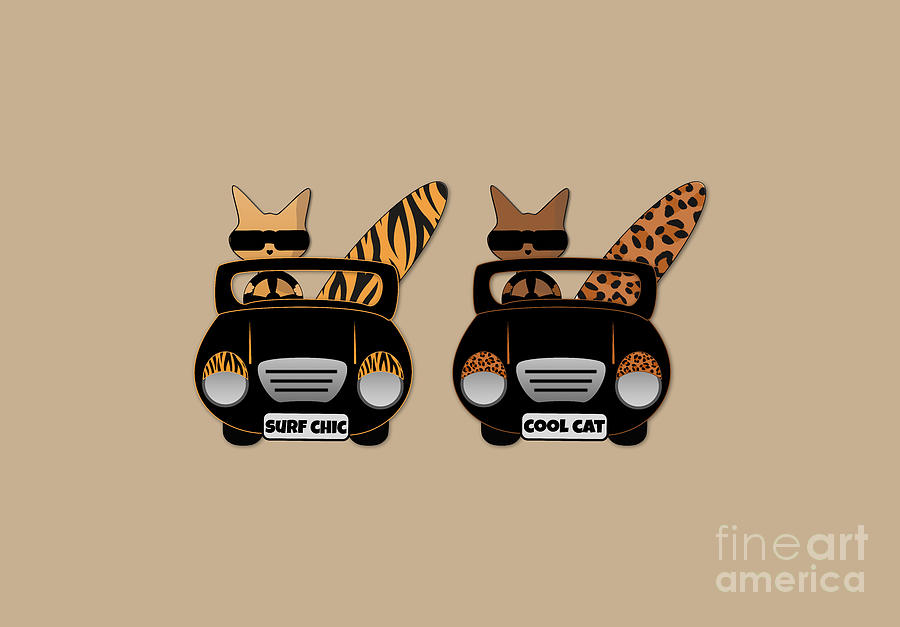 Trendy Wild Cats go Surfing in their Open Top Retro Sports Cars Digital Art by Barefoot Bodeez Art