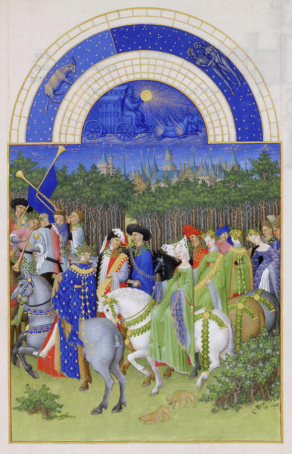 Tres Riches Heures du duc de Berry Folio 5, verso May. Date/Period Between 1412 and 1416. Illum... Painting by Limbourg Brothers