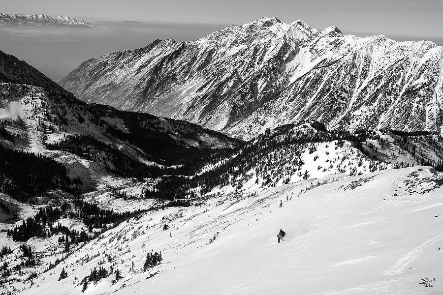 Tri Chute Skier in Black and White - White Pine Canyon, Utah Photograph by Brett Pelletier