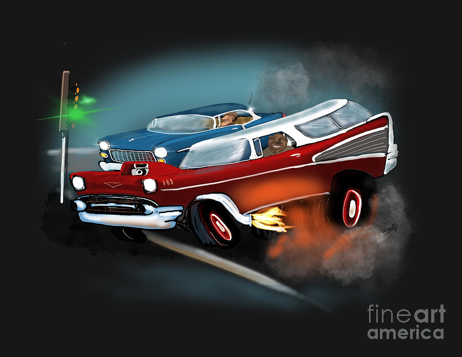 Tri Five Chevy Drag Racing Digital Art by Doug Gist