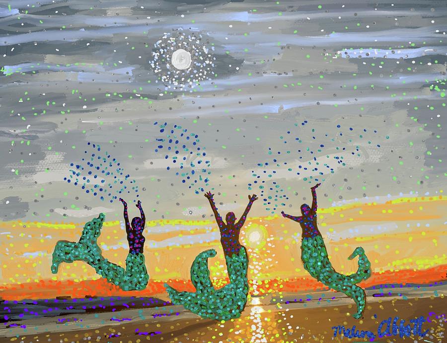 Triad of Mermaids Greeting the Day at Sunrise Painting by Melissa Abbott