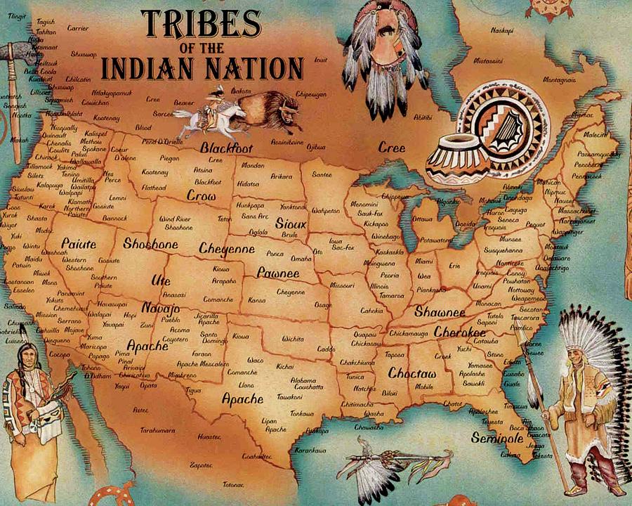 Native American Indian Digital Art - Tribes of the Indian NAtion Map and Titles by Peter Nowell