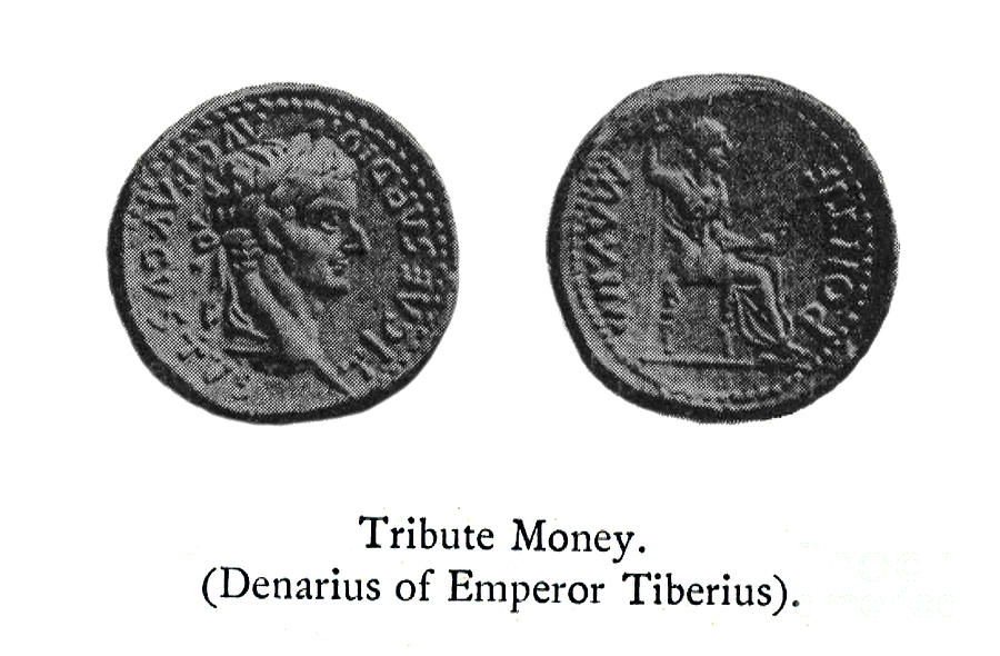 Greek Drawing - Tribute Money. Denarius of Emperor Tiberius b2 by Historic Illustrations