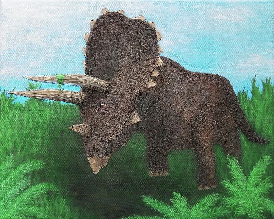 Dinosaur Triceratops in Jungle Painting, Prehistoric Art for Kids Painting by Aneta Soukalova