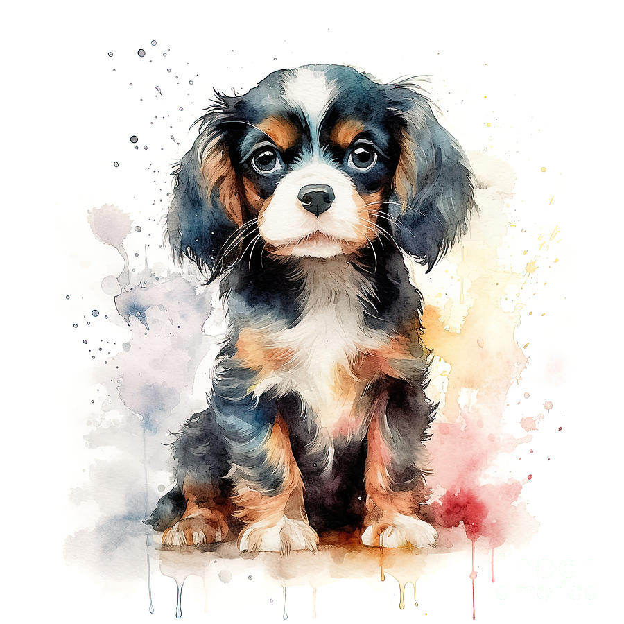 Tricolour Cavalier King Charles spaniel puppy on a white background. Cute digital watercolour for dog lovers. Digital Art by Jane Rix
