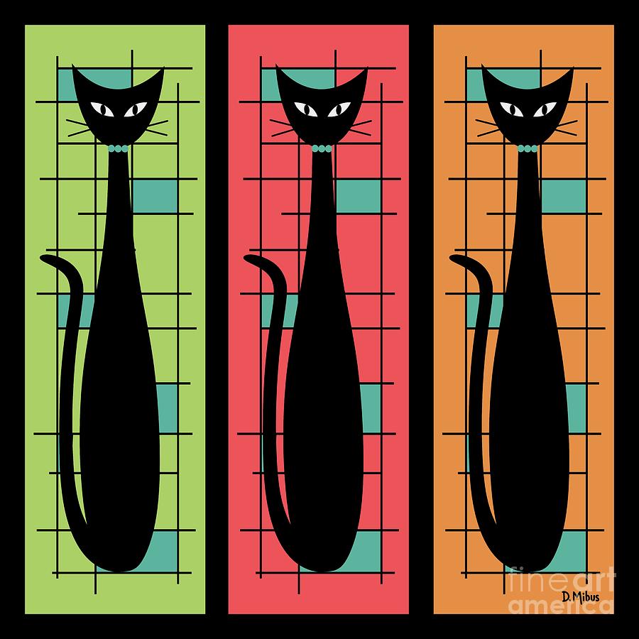 Trio of Cats Green, Salmon and Orange on Black Digital Art by Donna Mibus
