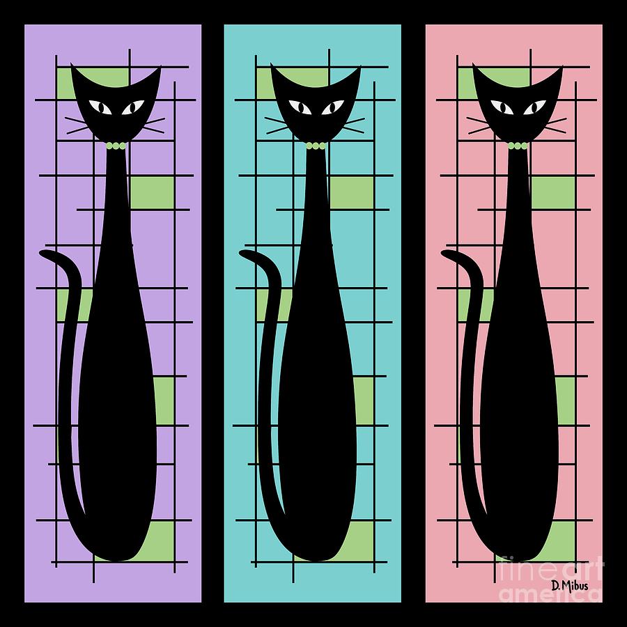 Trio of Cats Purple, Blue and Pink on Black Digital Art by Donna Mibus