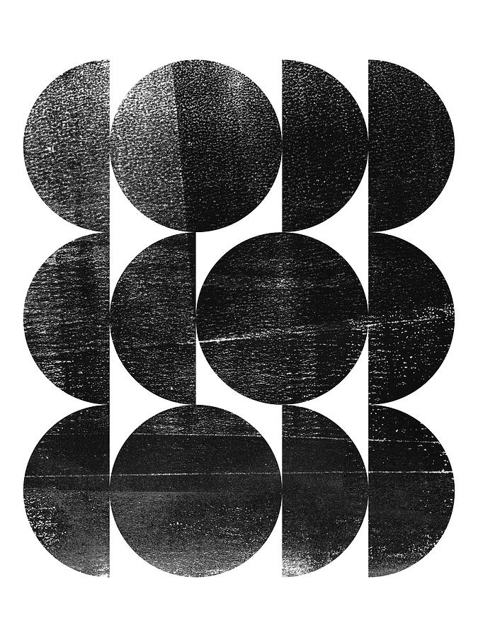 Triple Circles Black and White Mid Century Modern Geometric Monotype Digital Art by Janine Aykens