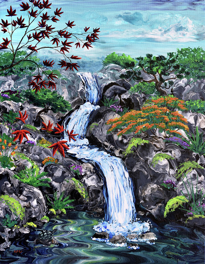 Triple Waterfall and Turtle Painting by Laura Iverson