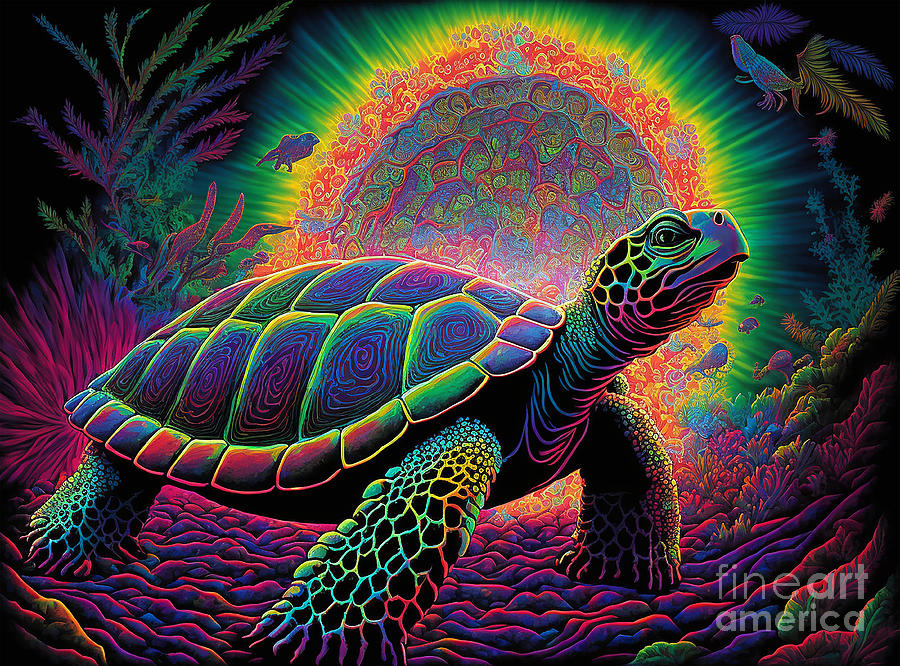 Trippy Colorful Psychedelic Turtle Adventure in Moonlight Digital Art