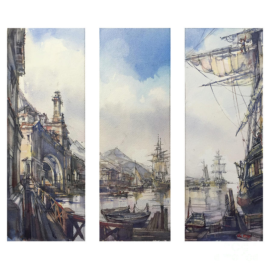 Watercolor Painting - Triptych - Harbour. by Andrey Svistunov Watercolor Painting - Triptych - Harbour. by Andrey Svistunov
