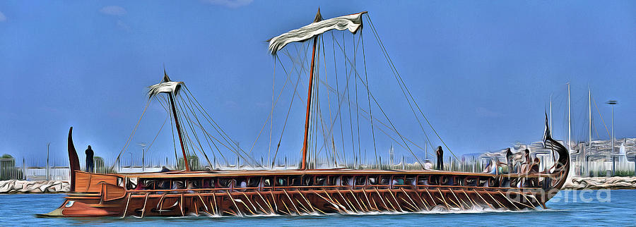Trireme Olympias in Faliro bay Painting by George Atsametakis