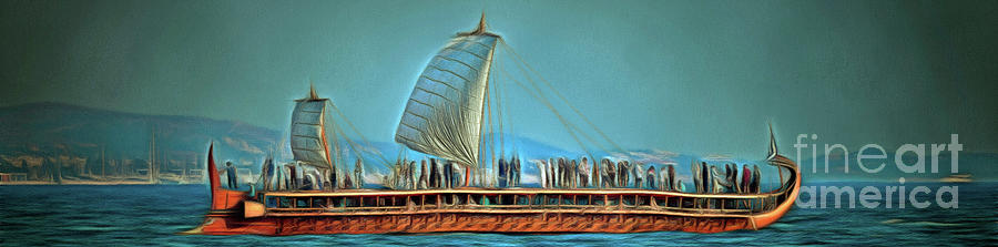 Trireme Olympias with open sails in Faliro bay Painting by George Atsametakis
