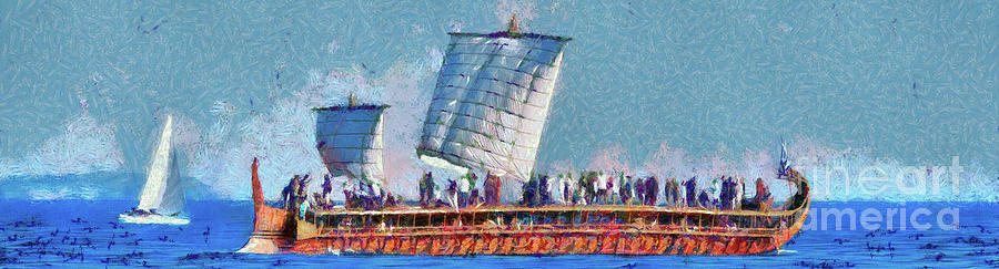 Trireme Olympias with open sails in Faliro bay II Painting by George Atsametakis
