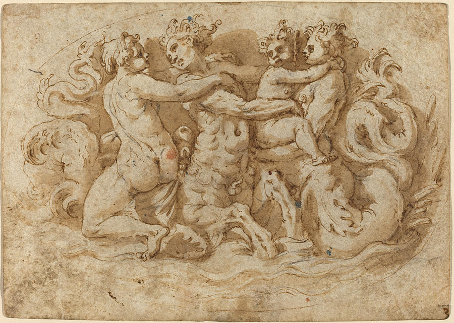 Tritons and Nymphs Drawing by Attributed to Pellegrino Tibaldi